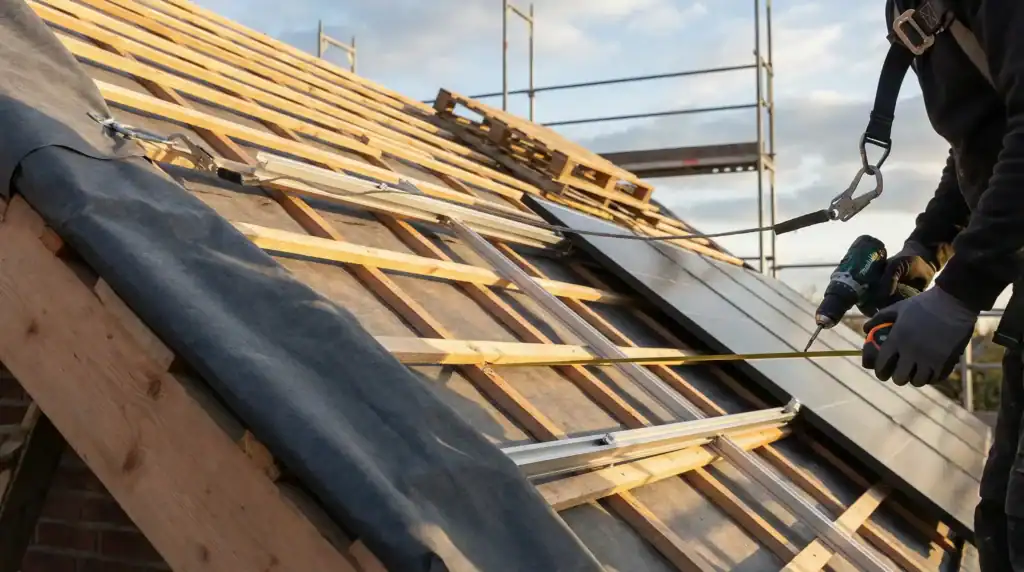 Solarpflicht 2026: Dachsanierung mit vorbereiteter Photovoltaik Montage: Dachlatten, Unterdeckbahn und PV Schienen auf einem Steildach, Handwerker misst die Fläche.