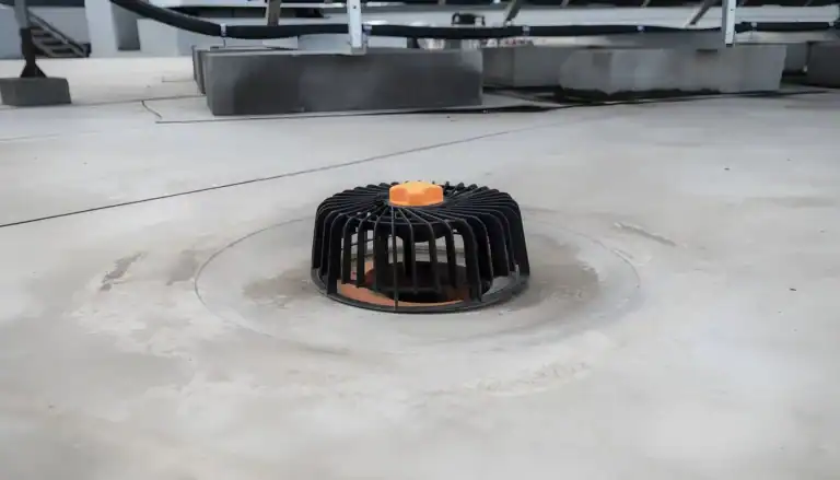 Flachdach Entwässerung: Nahaufnahme eines professionell installierten Flachdach-Gullys mit schwarzem Laubfangkorb und orangefarbenem Kern auf einer hellgrauen Dachabdichtung.