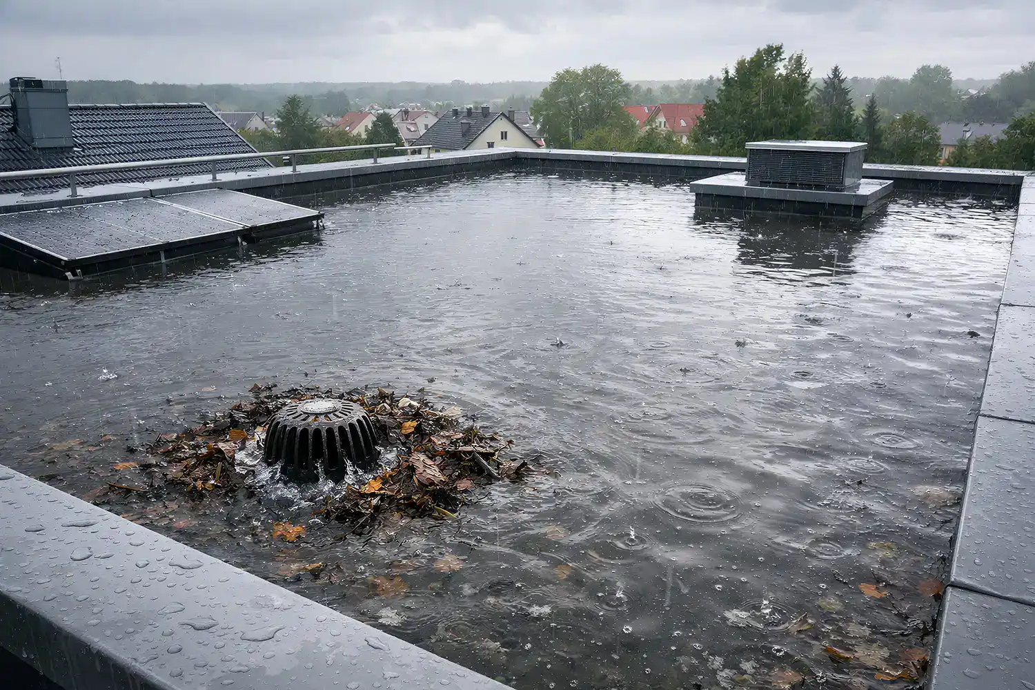 Flachdach mit stehendem Regenwasser und teilweise verstopftem Dachgully durch Laub, Rückstau bei Starkregen.