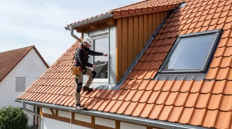 Dachgaube oder Dachfenster: Dachdecker prüft eine Dachgaube auf einem Ziegeldach, daneben ist ein großes Dachfenster eingebaut.