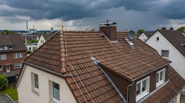Blitzschutz auf dem Dach: Einfamilienhaus mit installiertem Blitzschutzsystem auf dem Ziegeldach bei aufziehendem Gewitterhimmel im Ruhrgebiet