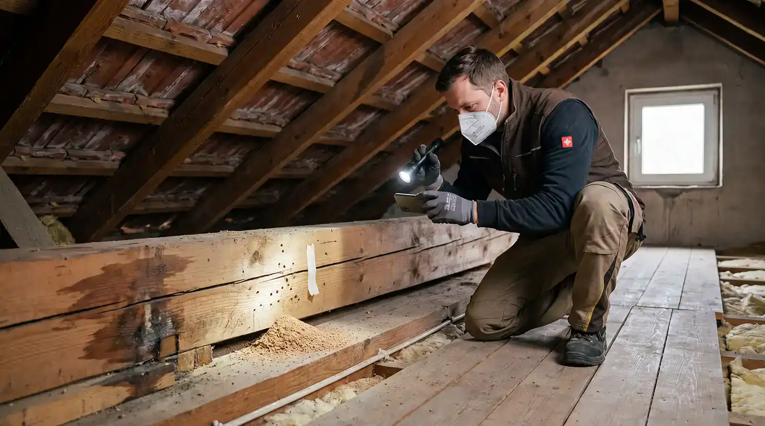 Holzschädlinge im Dachstuhl prüfen