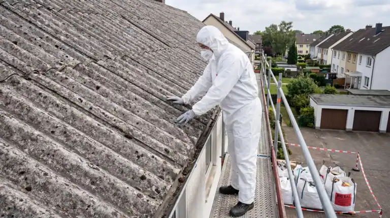 Asbestdach: Dachdecker in Schutzanzug und Atemschutz prüft ein verwittertes Asbestdach aus grauen Wellplatten auf einem eingerüsteten Wohnhaus.