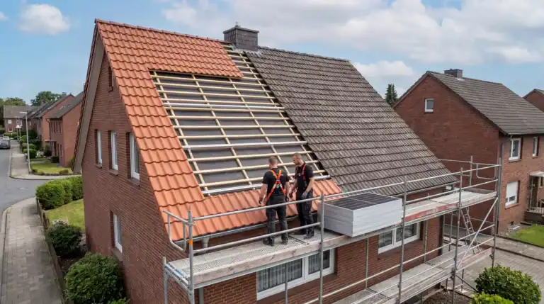 PV und Dachsanierung: Dachdecker prüfen ein saniertes Steildach in Gelsenkirchen, bevor eine PV-Anlage mit vorbereiteten Solarmodulen montiert wird.