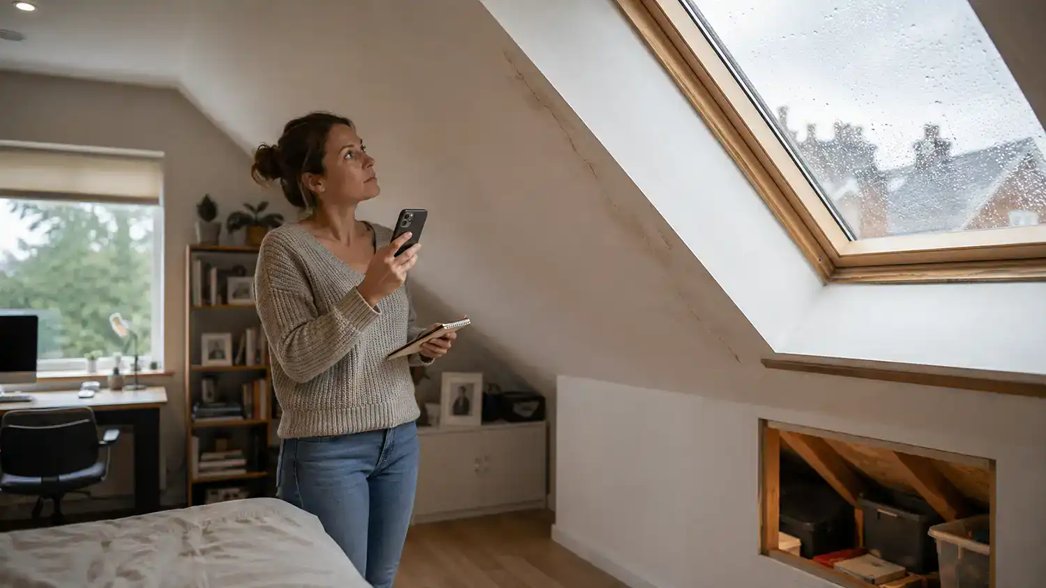 Privatperson prüft bei Regen ein Dachfenster und die Dachschräge im ausgebauten Dachgeschoss.