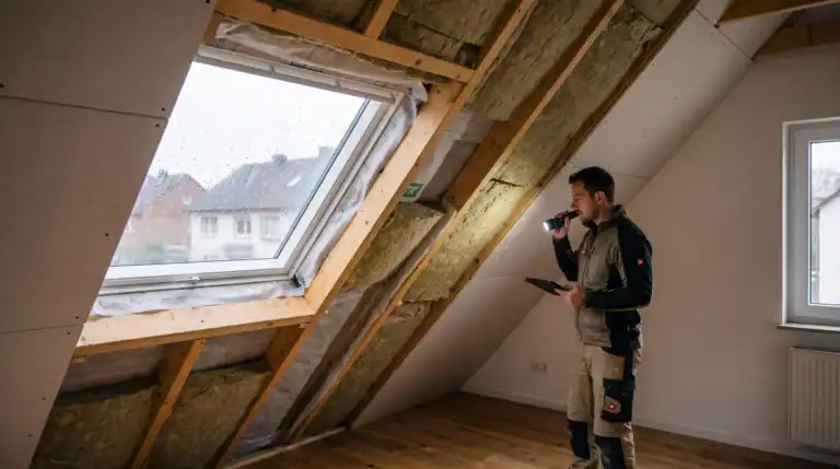 Dachdecker prüft die Dachschalldämmung in einem ausgebauten Dachgeschoss mit Dämmung und Dachfenster bei Regen.