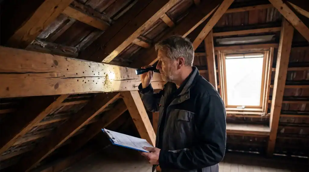Holzschädlinge im Dachstuhl: Fachmann prüft im Dachstuhl einen Holzbalken mit Bohrmehl und kleinen Ausfluglöchern als Warnzeichen für Holzschädlinge.