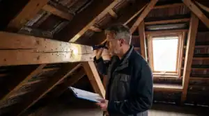 Holzschädlinge im Dachstuhl: Fachmann prüft im Dachstuhl einen Holzbalken mit Bohrmehl und kleinen Ausfluglöchern als Warnzeichen für Holzschädlinge.