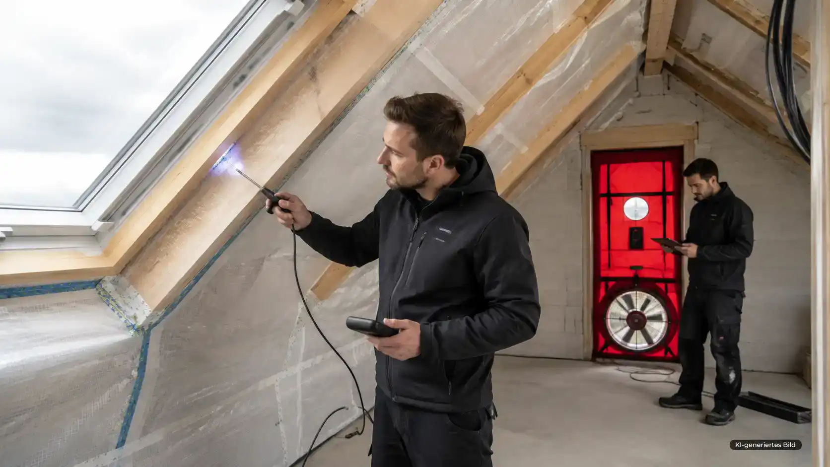 Fachmann prüft bei einem Blower-Door-Test die Luftdichtheit an einer Dachschräge mit Dampfbremse.