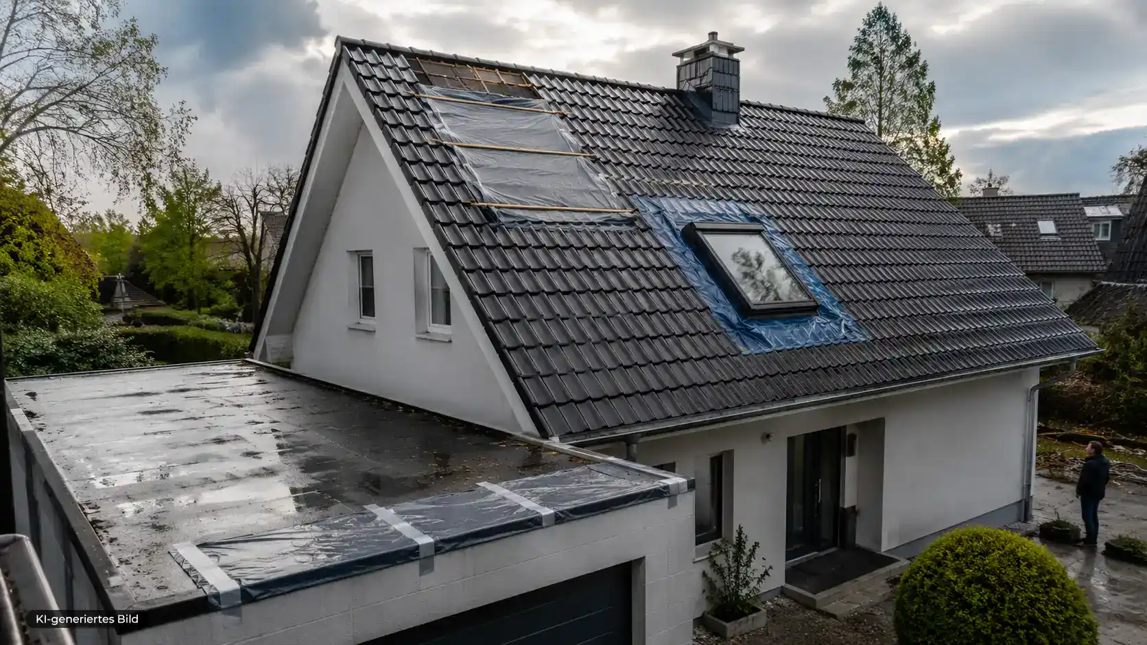 Wohnhaus nach Unwetter mit provisorischer Notabdichtung an Steildach, Dachfenster und Flachdachbereich.