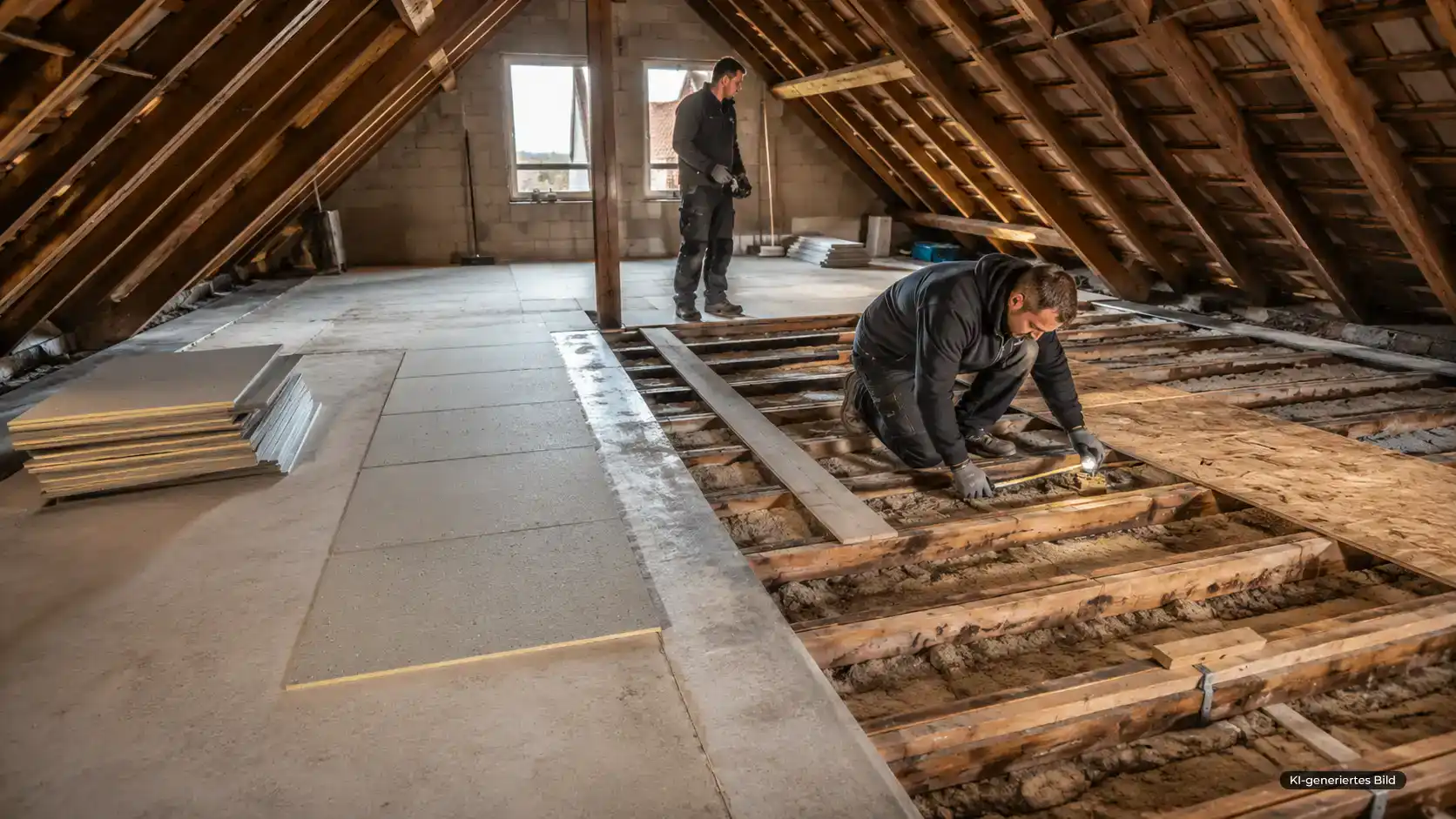 Dachdecker prüfen eine Holzbalkendecke im Dachboden neben einer gedämmten Massivdecke.
