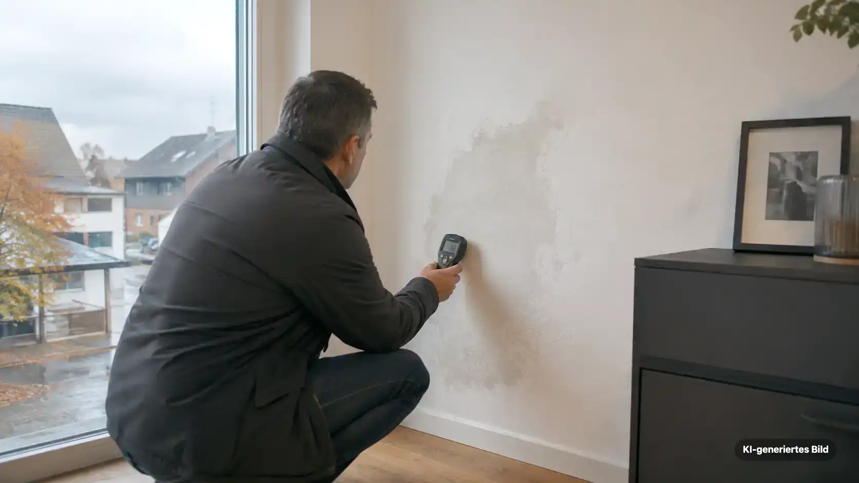 Fachmann prüft eine Feuchtestelle an einer Innenwand nach starkem Regen mit einem Feuchtemessgerät.