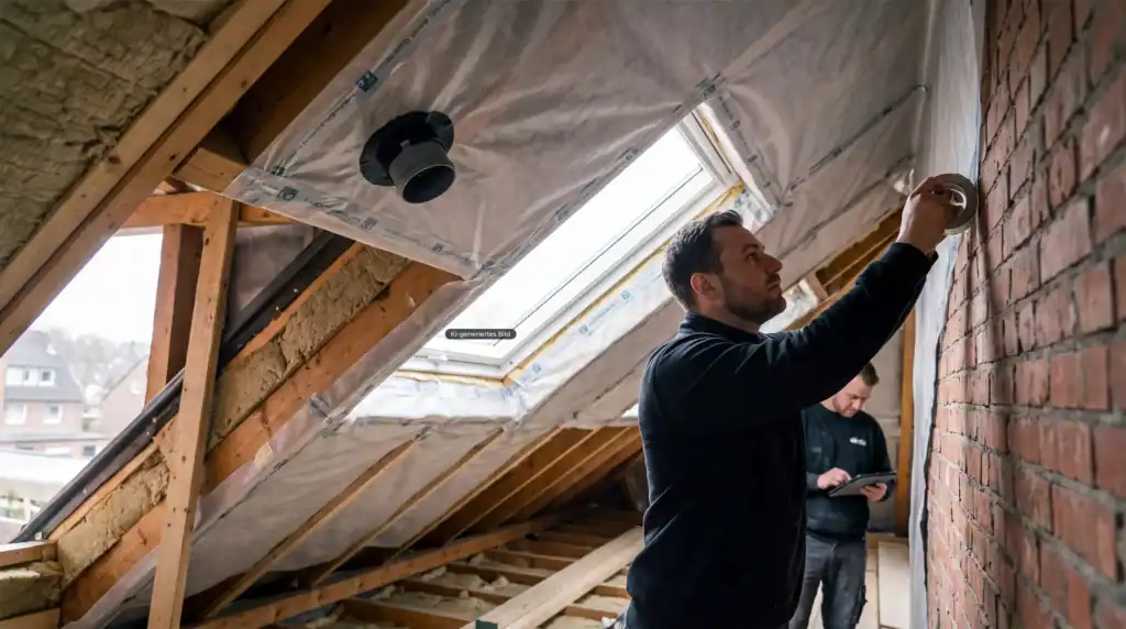 Dampfsperre: Dachdecker verklebt die Dampfbremse luftdicht an einer gemauerten Giebelwand im gedämmten Dachgeschoss.