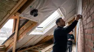 Dampfsperre: Dachdecker verklebt die Dampfbremse luftdicht an einer gemauerten Giebelwand im gedämmten Dachgeschoss.