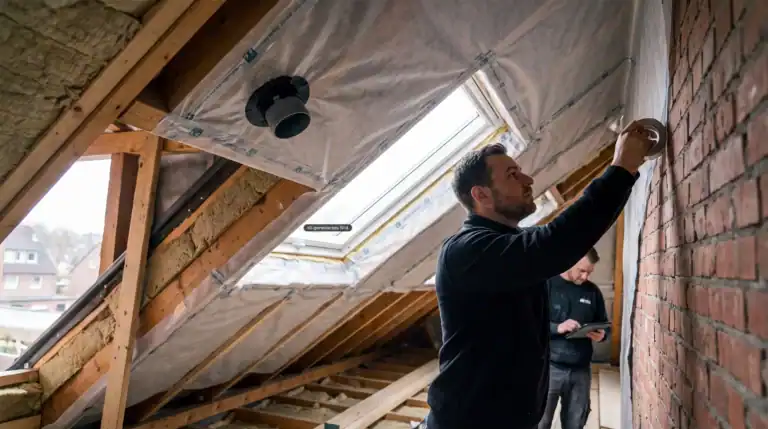 Dampfsperre: Dachdecker verklebt die Dampfbremse luftdicht an einer gemauerten Giebelwand im gedämmten Dachgeschoss.