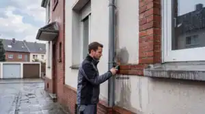 Schlagregen an der Fassade: Fachmann prüft nach Schlagregen Feuchtigkeit an einer Fassade mit Putz, Klinker, Fensteranschluss und Fallrohr.