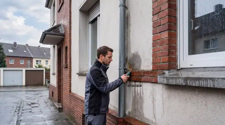 Schlagregen an der Fassade: Fachmann prüft nach Schlagregen Feuchtigkeit an einer Fassade mit Putz, Klinker, Fensteranschluss und Fallrohr.