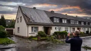 Notabdichtung: Nach einem Unwetter dokumentiert ein Hausbesitzer ein beschädigtes Steildach mit professionell gesicherter Notabdichtung.