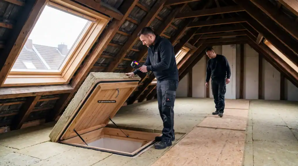 Oberste Geschossdecke dämmen: Fachmann prüft die gedämmte Dachbodentreppe auf einer isolierten obersten Geschossdecke.