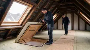 Oberste Geschossdecke dämmen: Fachmann prüft die gedämmte Dachbodentreppe auf einer isolierten obersten Geschossdecke.